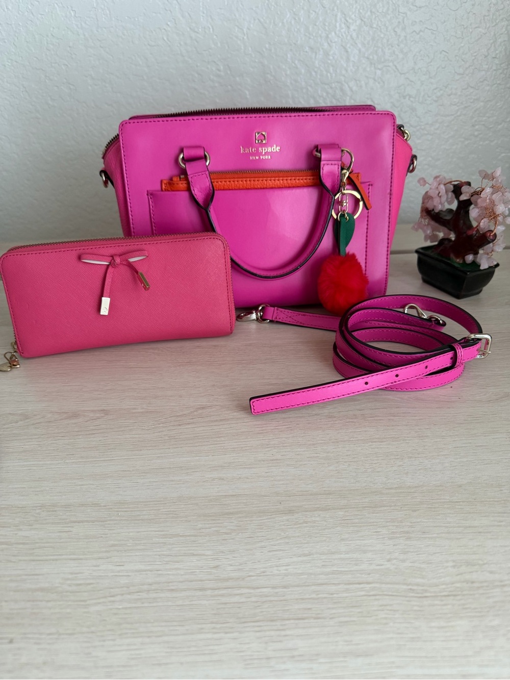 kate spade Hot Pink Leather Satchel with matching wallet